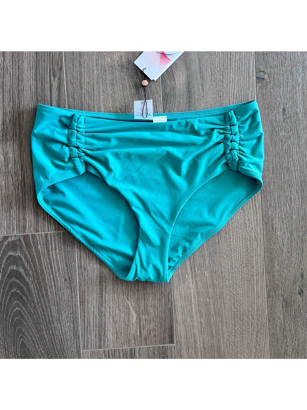 CALIA Swim High Waist Bikini Bottom Ruched Side Aqua Teal Women Medium